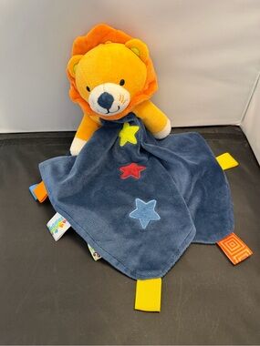 Taggies LION Rattle Security Blanket Rattle  Plush Stars Orange Navy Blue Lovey